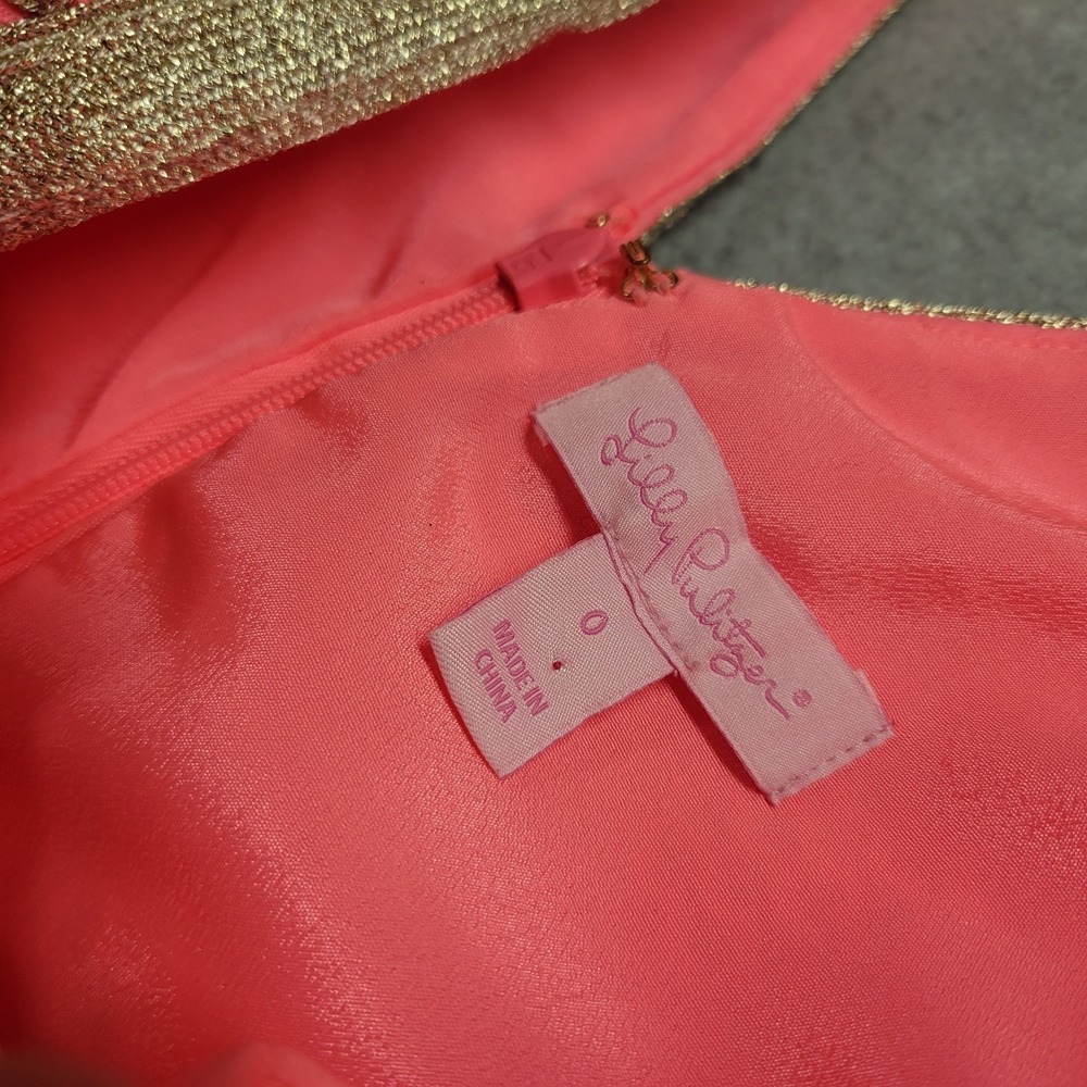Lilly‎ Pulitzer Pink Seersucker Gold Soutache Embroidered V-Neck Shift Dress 0 - Picture 4 of 15